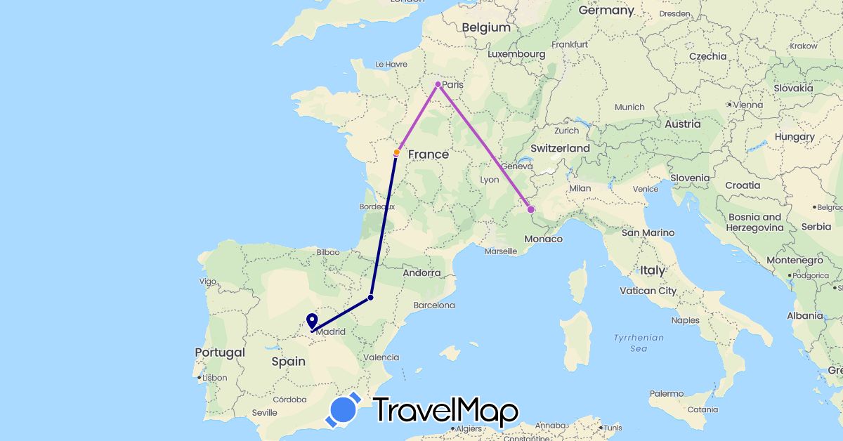 TravelMap itinerary: driving, train, hitchhiking in Spain, France (Europe)